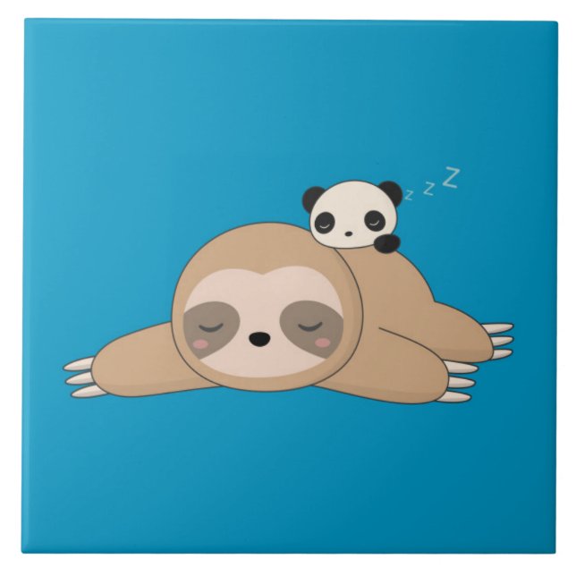 Cute animated sloth with panda bear ceramic tile (Front)
