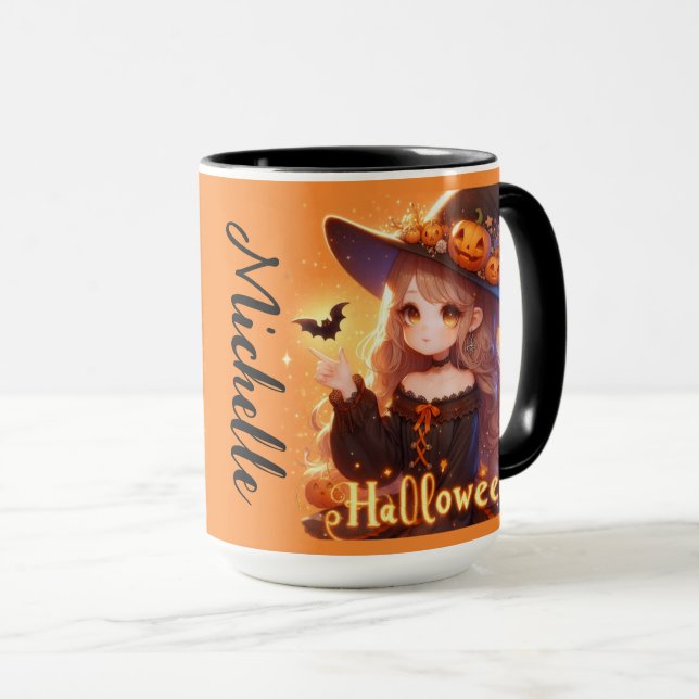 Cute animated witch with bats personalised mug (Front Right)