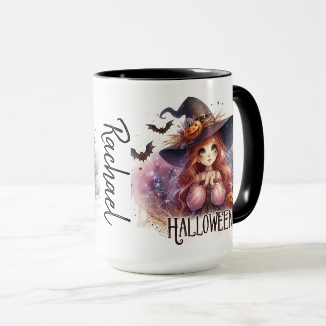 Cute animated witch with bats personalised mug (Front Right)