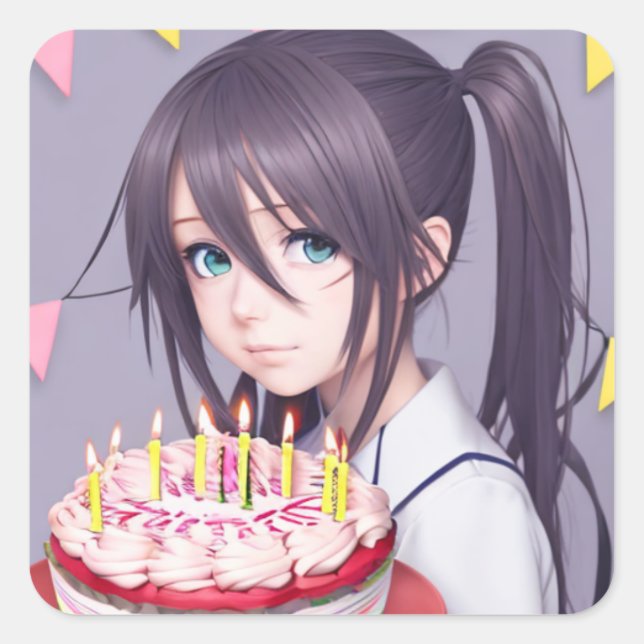Cute Anime Birthday Girl Square Sticker (Front)