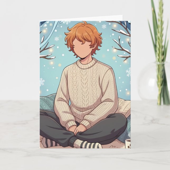 Cute Anime Boy Drinking Coffee in Winter Card (Front)