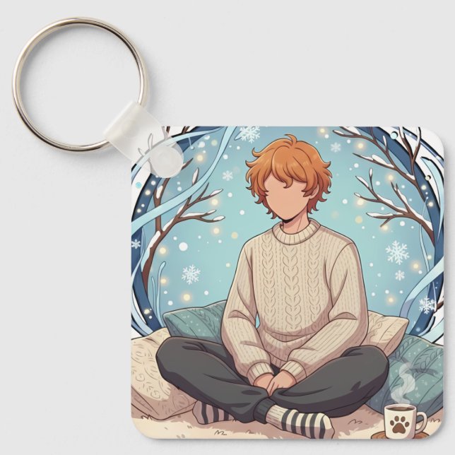 Cute Anime Boy Drinking Coffee in Winter Key Ring (Front)