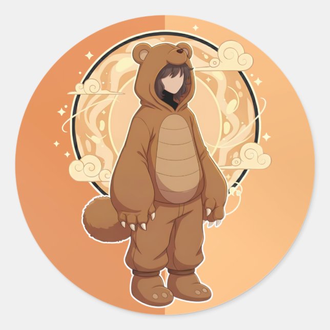 Cute Anime Boy in Bear Classic Round Sticker (Front)