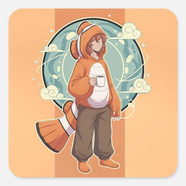 Cute Anime Boy in Clownfish Costume drinking Coffe Square Sticker (Front)