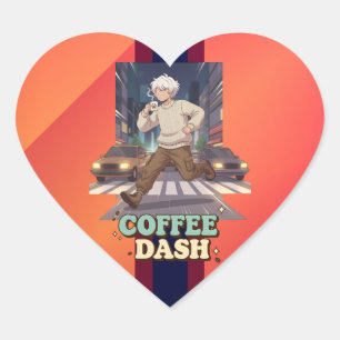 Cute Anime Boy Running in the City with Coffee Heart Sticker