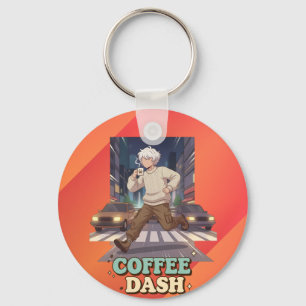 Cute Anime Boy Running in the City with Coffee Key Ring
