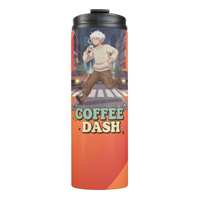 Cute Anime Boy Running in the City with Coffee Thermal Tumbler (Front)