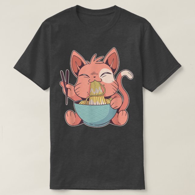 Cute anime cat feeds pasta in ramen soup  T-Shirt (Design Front)