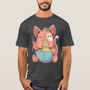 Cute anime cat feeds pasta in ramen soup T-Shirt