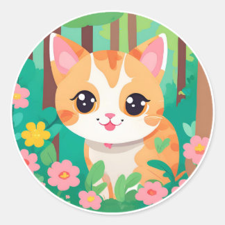 cute anime cat with flowers classic round sticker