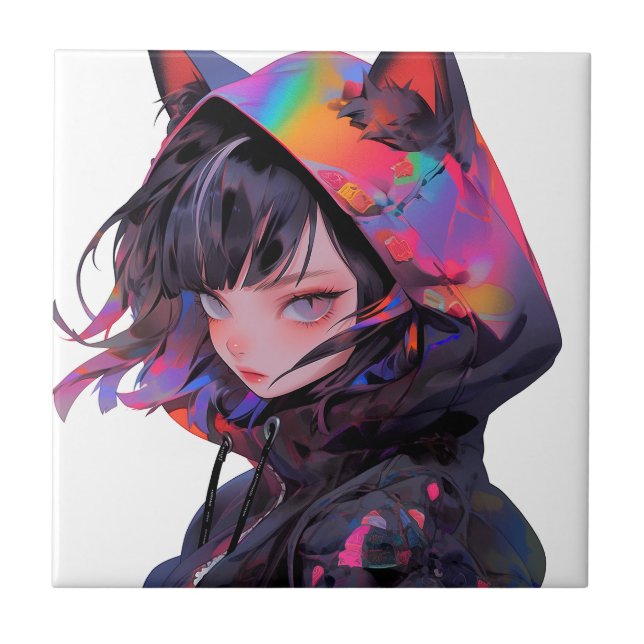 Cute Anime Catgirl Ceramic Tile (Front)