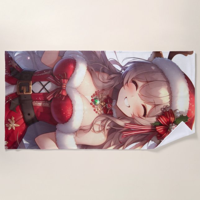 Cute anime Christmas girl Beach Towel (Front)