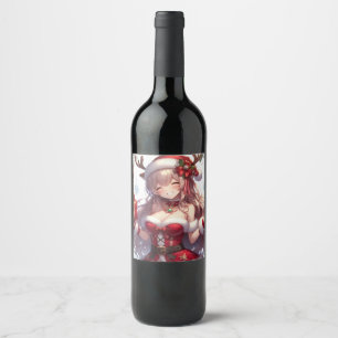 Cute anime Christmas girl Wine Label