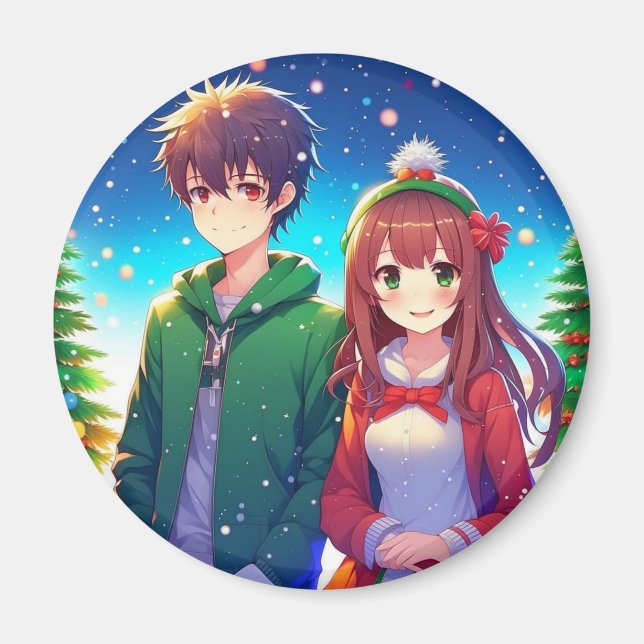 Cute Anime Couple Christmas Magnet (Front)