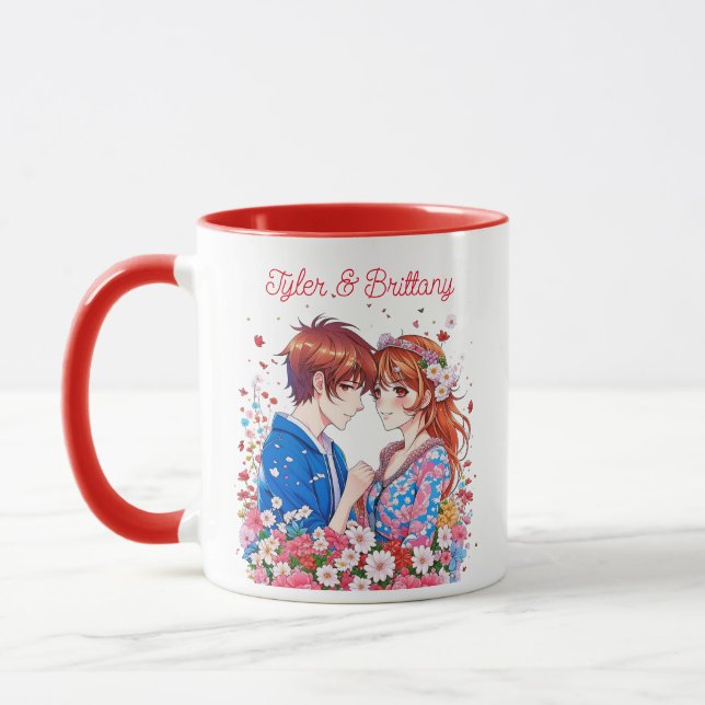 Cute Anime Couple Cuddling Personalised Mug (Left)