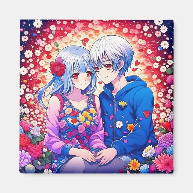 Cute Anime Couple, Flowers and Hearts Magnet (Front)