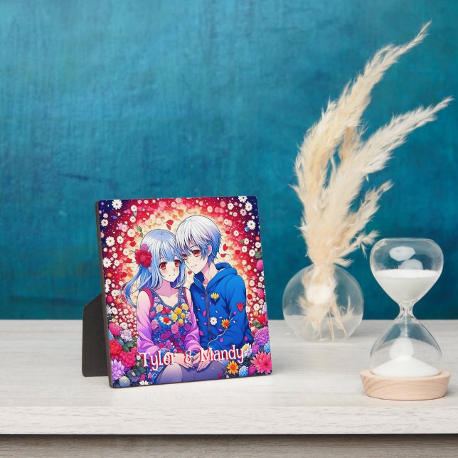 Cute Anime Couple, Flowers and Hearts Personalised Plaque (Insitu)
