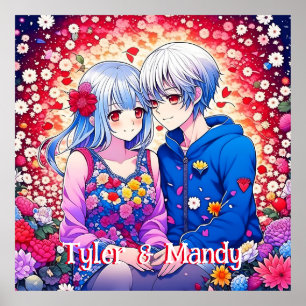 Cute Anime Couple, Flowers and Hearts Personalised Poster