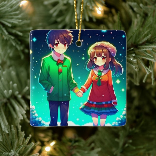 Cute Anime Couple Holding Hands Personalised  Ceramic Ornament (Tree)