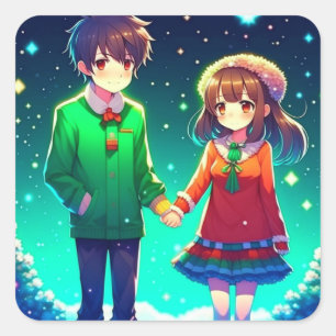 Cute Anime Couple Holding Hands Personalized Square Sticker