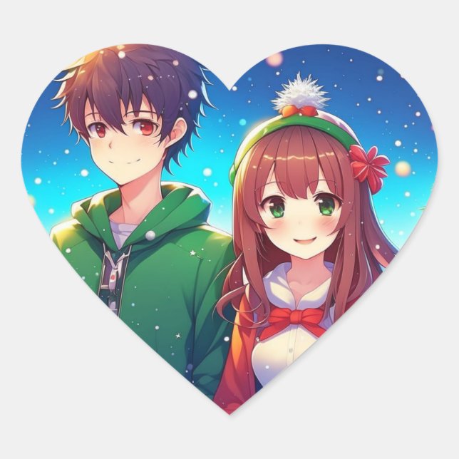 Cute Anime Couple | Merry Christmas  Heart Sticker (Front)