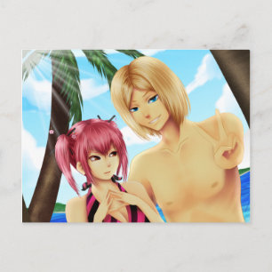 Cute anime couple on vacation post card