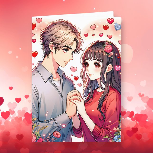 Cute Anime Couple Personalised Valentine's Day Holiday Card (Creator Uploaded)