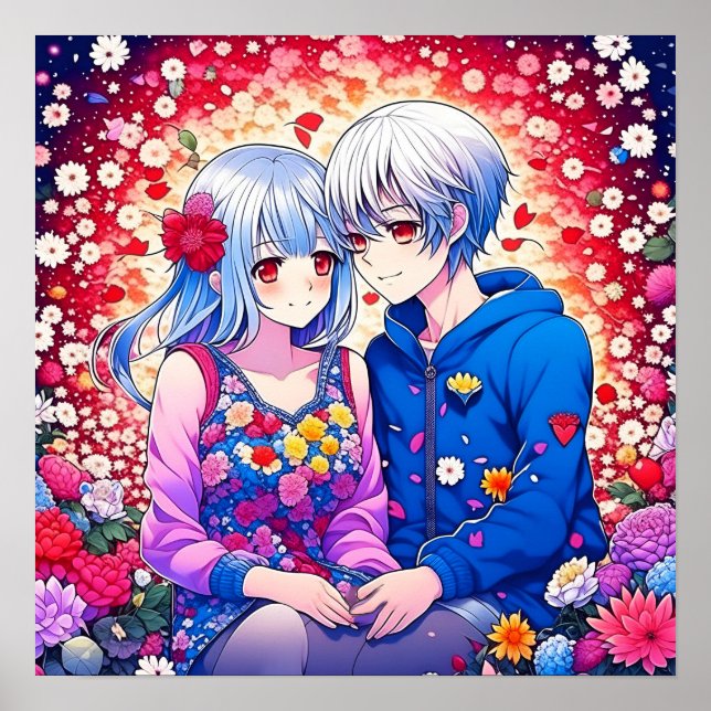 Cute Anime Couple surrounded by Flowers and Heart Poster (Front)