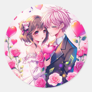 Cute Anime Couple Valentine's Day Classic Round Sticker