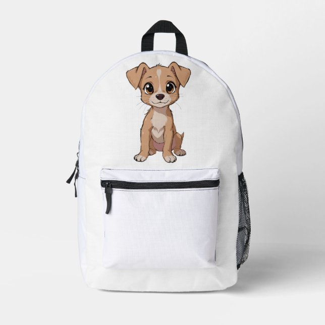 Cute Anime Dog Illustration with Big Eyes Printed Backpack (Front)