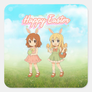 Cute anime Easter bunny girls Square Sticker