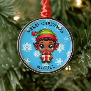 Cute Anime Elf of Colour Personalised Christmas Metal Ornament