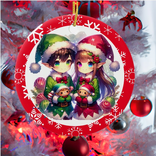 Cute Anime Elves and Snowflakes Christmas  Ceramic Ornament (Creator Uploaded)