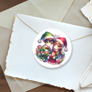 Cute Anime Elves Christmas Classic Round Sticker