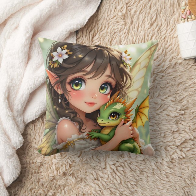 Cute Anime Fairy and Chibi Dragon  Cushion (Blanket)
