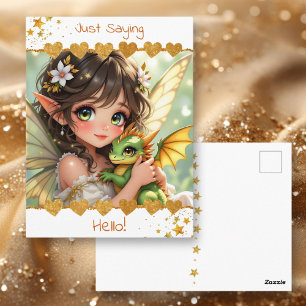 Cute Anime Fairy and Chibi Dragon Hello! Postcard