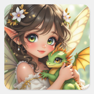 Cute Anime Fairy and Chibi Dragon  Square Sticker
