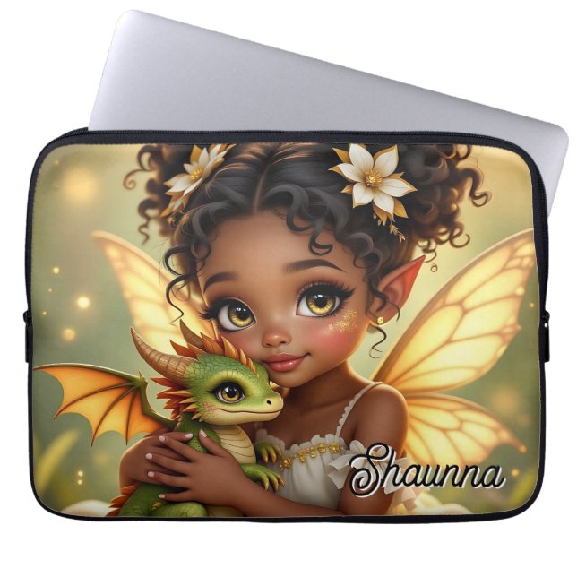 Cute Anime Fairy Girl and Chibi Dragon Laptop Sleeve (Front)