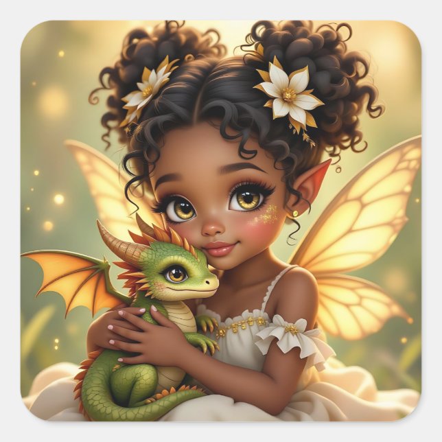 Cute Anime Fairy Girl and Chibi Dragon Square Sticker (Front)