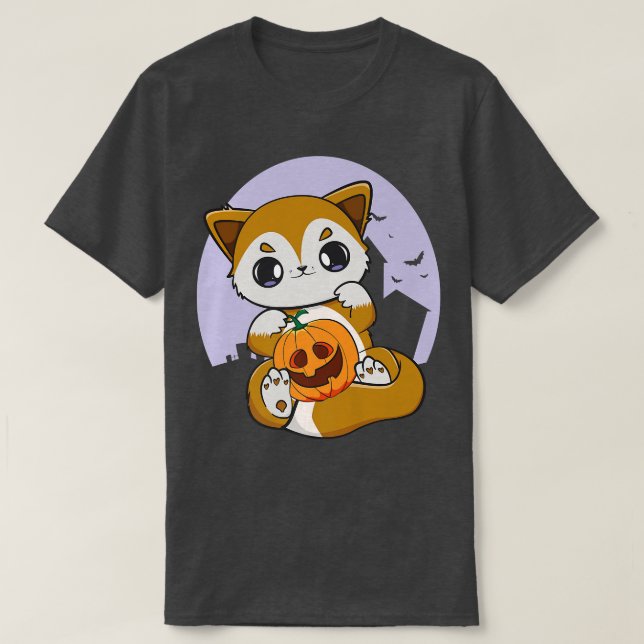 Cute Anime Fo Holds Kawaii Pumpkin For Halloween P T-Shirt (Design Front)
