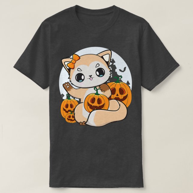 Cute Anime Fo With Kawaii Pumpkin For Halloween Pr T-Shirt (Design Front)