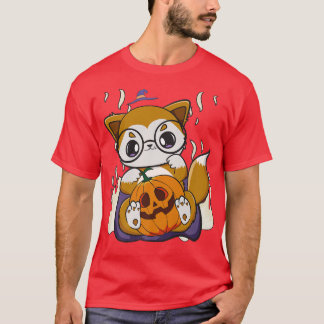 Cute Anime Fox Holds Kawaii Pumpkin For Halloween  T-Shirt