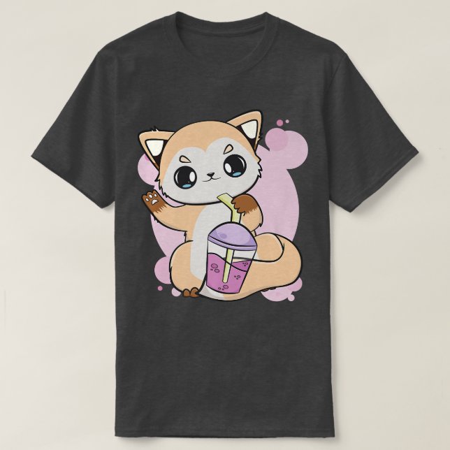 Cute Anime Fox With Boba For Bubble Tea Lover Prem T-Shirt (Design Front)