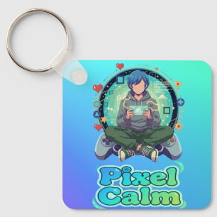 Cute Anime Gamer Boy Pixel Calm Key Ring