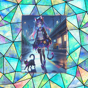 Cute Anime Gamer Girl & Cat   Large  Fleece Blanket