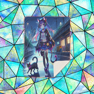 Cute Anime Gamer Girl & Cat   Large  Sherpa Blanket