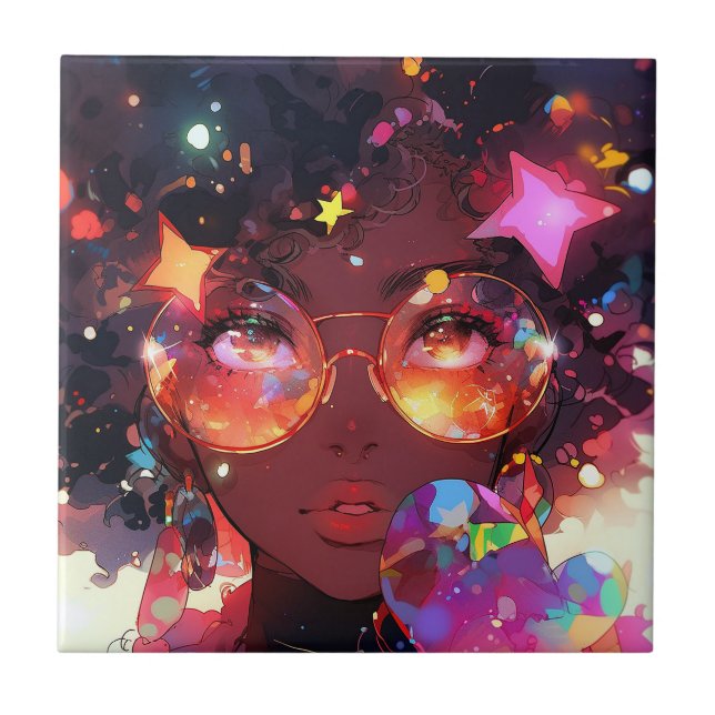 Cute Anime Girl African American Art Ceramic Tile (Front)