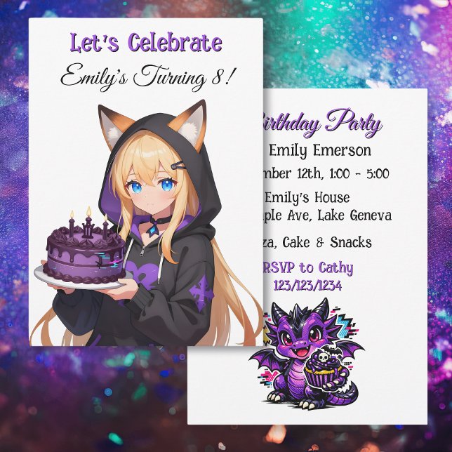 Cute Anime Girl and Dragon Girl's Birthday Party Invitation (Creator Uploaded)