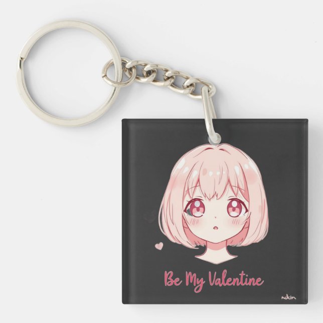 Cute Anime Girl - Be My Valentine T-Shirt Key Ring (Front)