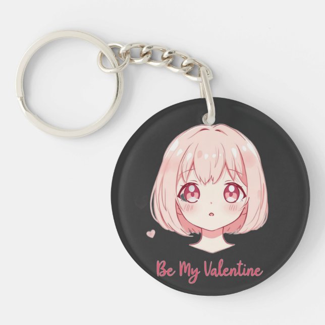 Cute Anime Girl - Be My Valentine T-Shirt Key Ring (Front)